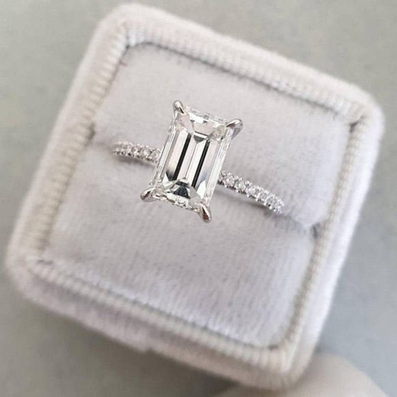 9*11 MM Emerald Cut Moissanite Ring With Diamond - Picture 1 of 3